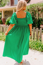 Bright Green Ruched Front Puff Sleeve Plus Size Long Dress - MarkoFit