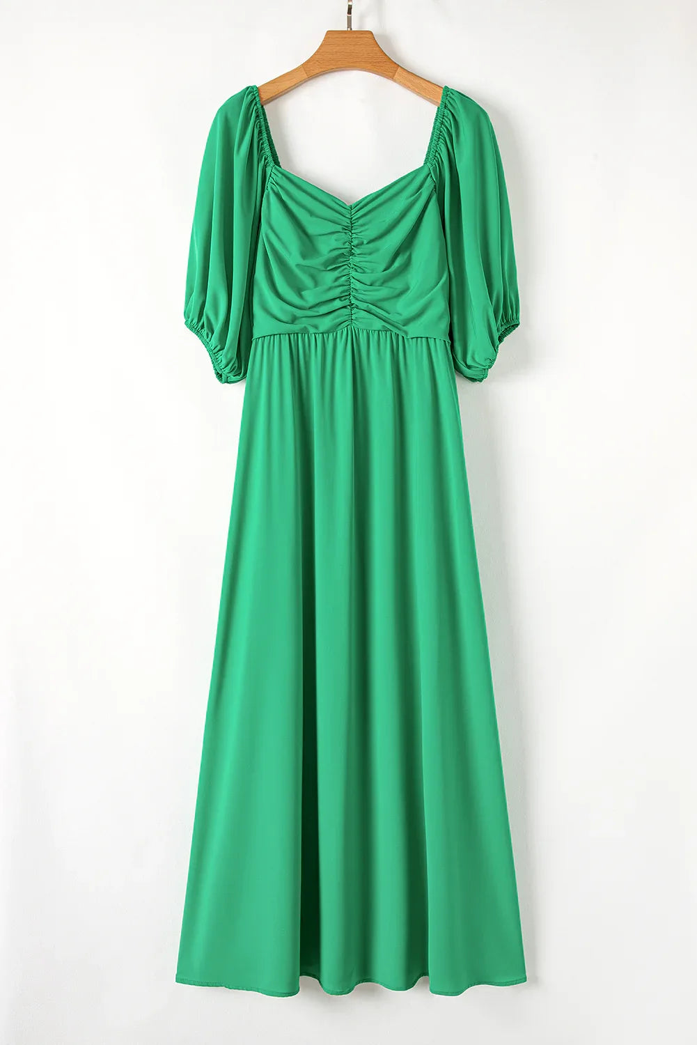 Bright Green Ruched Front Puff Sleeve Plus Size Long Dress - MarkoFit