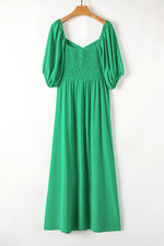 Bright Green Ruched Front Puff Sleeve Plus Size Long Dress - MarkoFit