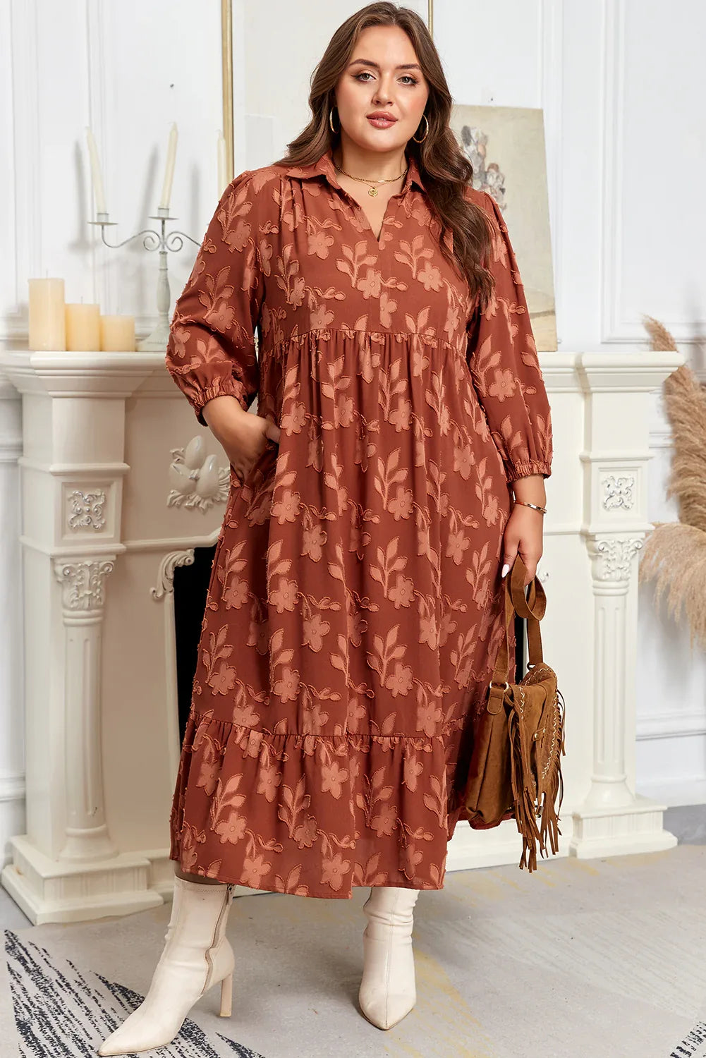 Cinnamon Plus Size Textured 3D Flower Pattern Ruffle Hem 3/4 Sleeve Long Dress - MarkoFit