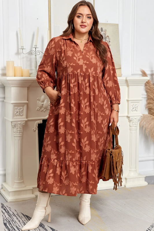 Cinnamon Plus Size Textured 3D Flower Pattern Ruffle Hem 3/4 Sleeve Long Dress - MarkoFit