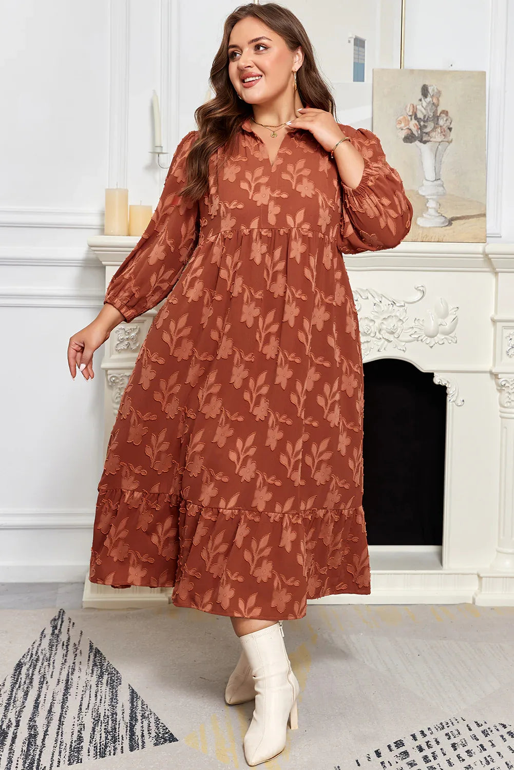 Cinnamon Plus Size Textured 3D Flower Pattern Ruffle Hem 3/4 Sleeve Long Dress - MarkoFit