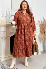Cinnamon Plus Size Textured 3D Flower Pattern Ruffle Hem 3/4 Sleeve Long Dress - MarkoFit