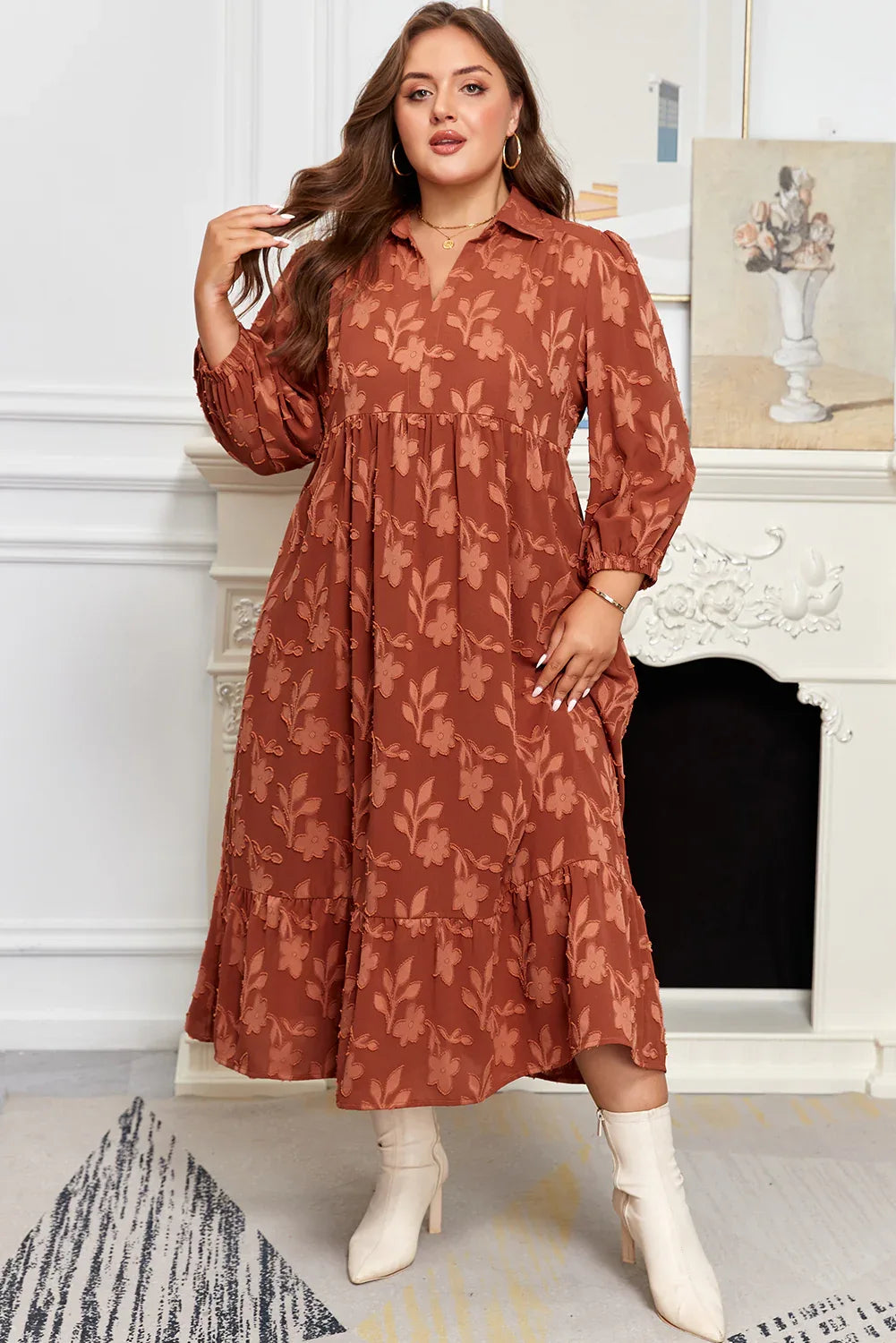 Cinnamon Plus Size Textured 3D Flower Pattern Ruffle Hem 3/4 Sleeve Long Dress - MarkoFit