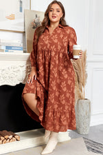 Cinnamon Plus Size Textured 3D Flower Pattern Ruffle Hem 3/4 Sleeve Long Dress - MarkoFit