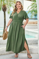 Four Leaf Clover Surplice Neckline Shirred High Waist Plus Size Maxi Dress - MarkoFit