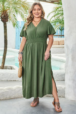Four Leaf Clover Surplice Neckline Shirred High Waist Plus Size Maxi Dress - MarkoFit