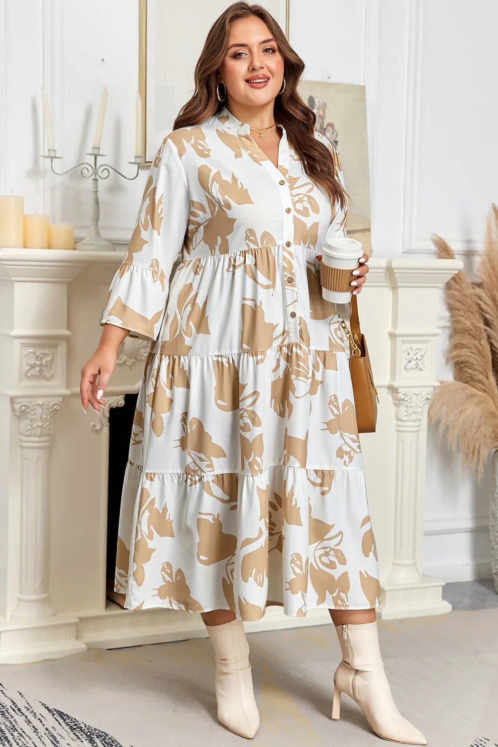 Khaki Patterned Ruffled Sleeve Half Placket Tiered A-line Plus Size Long Dress - MarkoFit