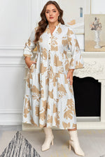 Khaki Patterned Ruffled Sleeve Half Placket Tiered A-line Plus Size Long Dress - MarkoFit