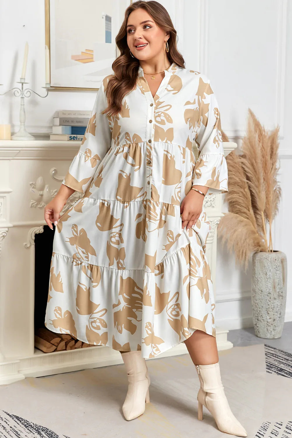 Khaki Patterned Ruffled Sleeve Half Placket Tiered A-line Plus Size Long Dress - MarkoFit