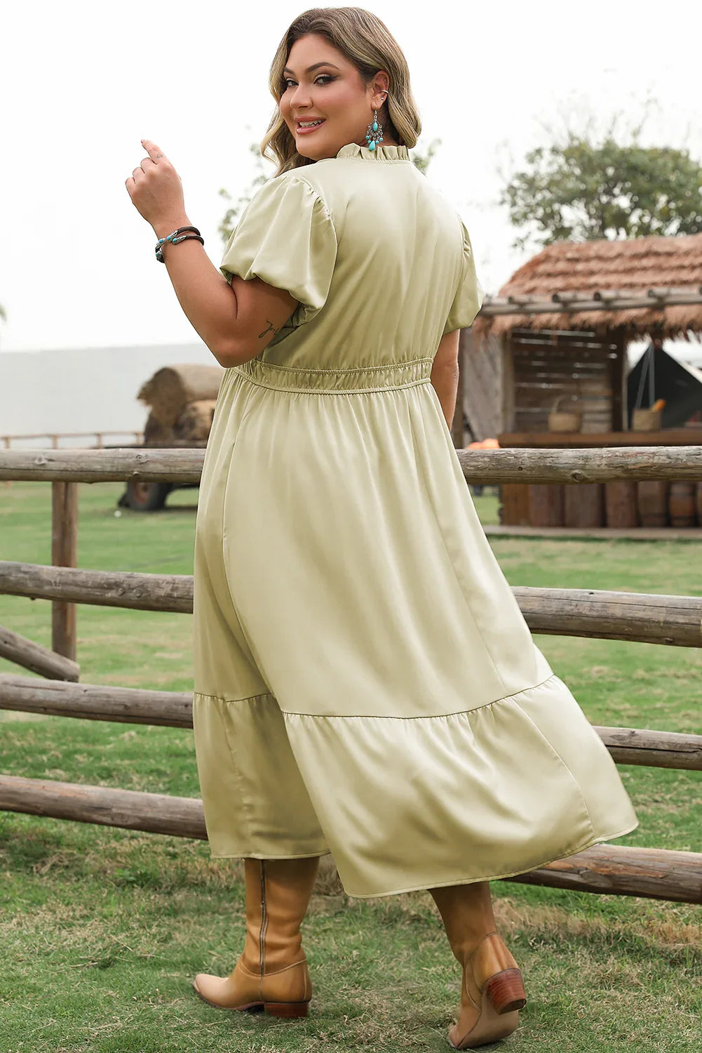 Laurel Green Notched V Neck Puff Sleeve Tiered Plus Size Maxi Dress - MarkoFit