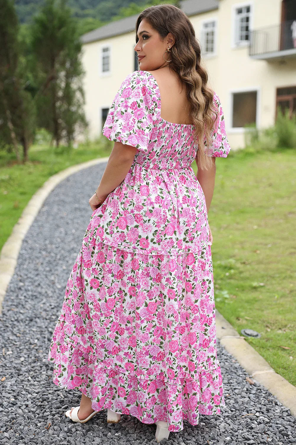 Pink Plus Size Floral Print Smocked Puff Sleeve Dress - MarkoFit