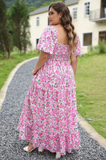 Pink Plus Size Floral Print Smocked Puff Sleeve Dress - MarkoFit
