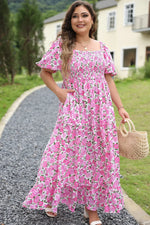 Pink Plus Size Floral Print Smocked Puff Sleeve Dress - MarkoFit