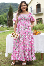 Pink Plus Size Floral Print Smocked Puff Sleeve Dress - MarkoFit
