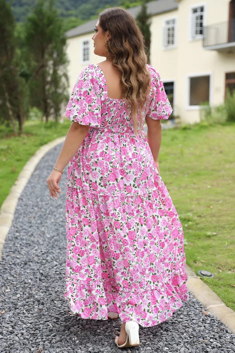 Pink Plus Size Floral Print Smocked Puff Sleeve Dress - MarkoFit