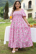 Pink Plus Size Floral Print Smocked Puff Sleeve Dress - MarkoFit