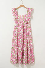 Pink Plus Size Ruffle Trim Square Neck High Waist Floral Maxi Dress - MarkoFit