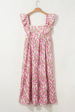 Pink Plus Size Ruffle Trim Square Neck High Waist Floral Maxi Dress - MarkoFit
