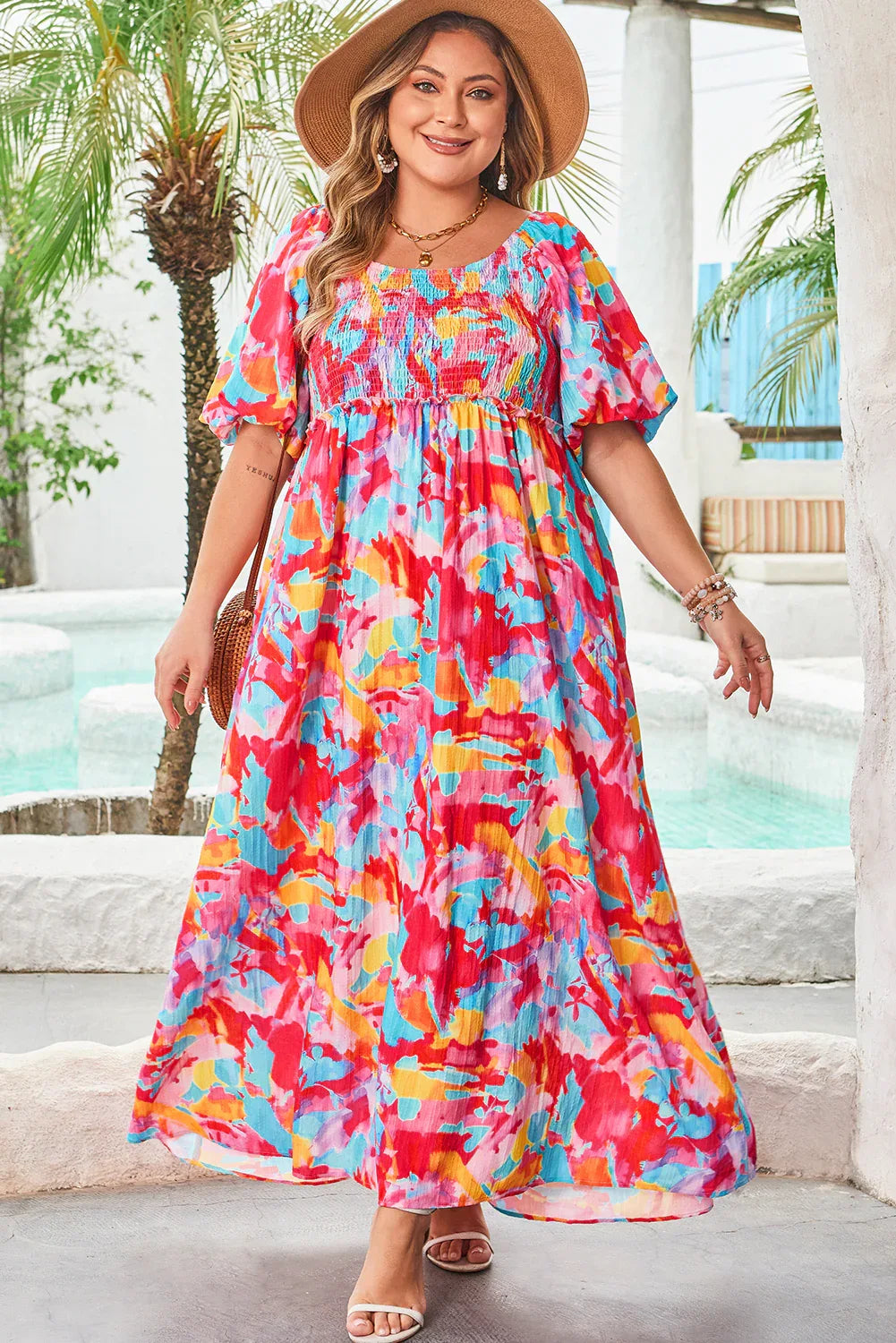 Rose Abstract Printed Puff Sleeve Square Neck Smocked Bust Tied Back Plus Size Dress - MarkoFit