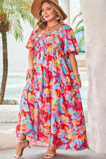 Rose Abstract Printed Puff Sleeve Square Neck Smocked Bust Tied Back Plus Size Dress - MarkoFit