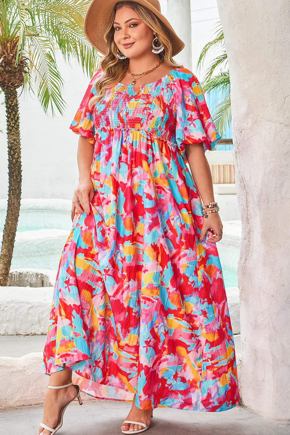 Rose Abstract Printed Puff Sleeve Square Neck Smocked Bust Tied Back Plus Size Dress - MarkoFit