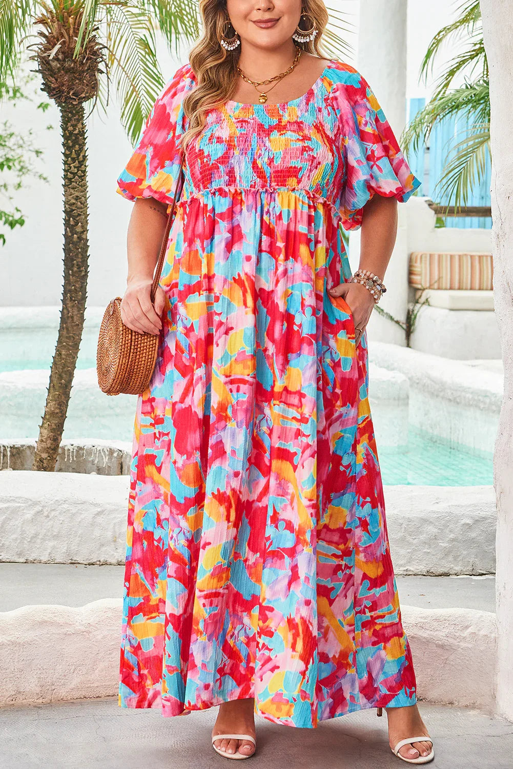 Rose Abstract Printed Puff Sleeve Square Neck Smocked Bust Tied Back Plus Size Dress - MarkoFit