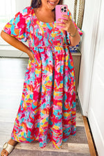 Rose Abstract Printed Puff Sleeve Square Neck Smocked Bust Tied Back Plus Size Dress - MarkoFit