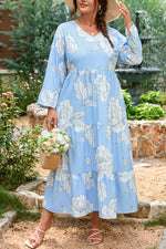 Sky Blue Floral Bracelet Sleeve V Neck Plus Size Tiered Maxi Dress - MarkoFit