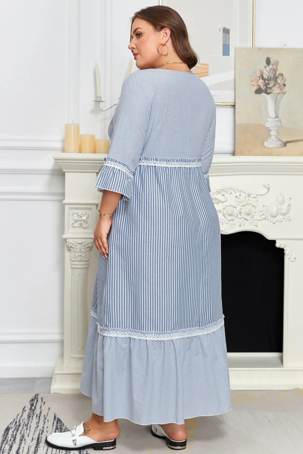 Sky Blue Stripe Crisscross Lace Detail Mixed Striped Patchwork Plus Size Shift Long Dress - MarkoFit
