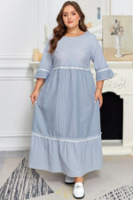 Sky Blue Stripe Crisscross Lace Detail Mixed Striped Patchwork Plus Size Shift Long Dress - MarkoFit