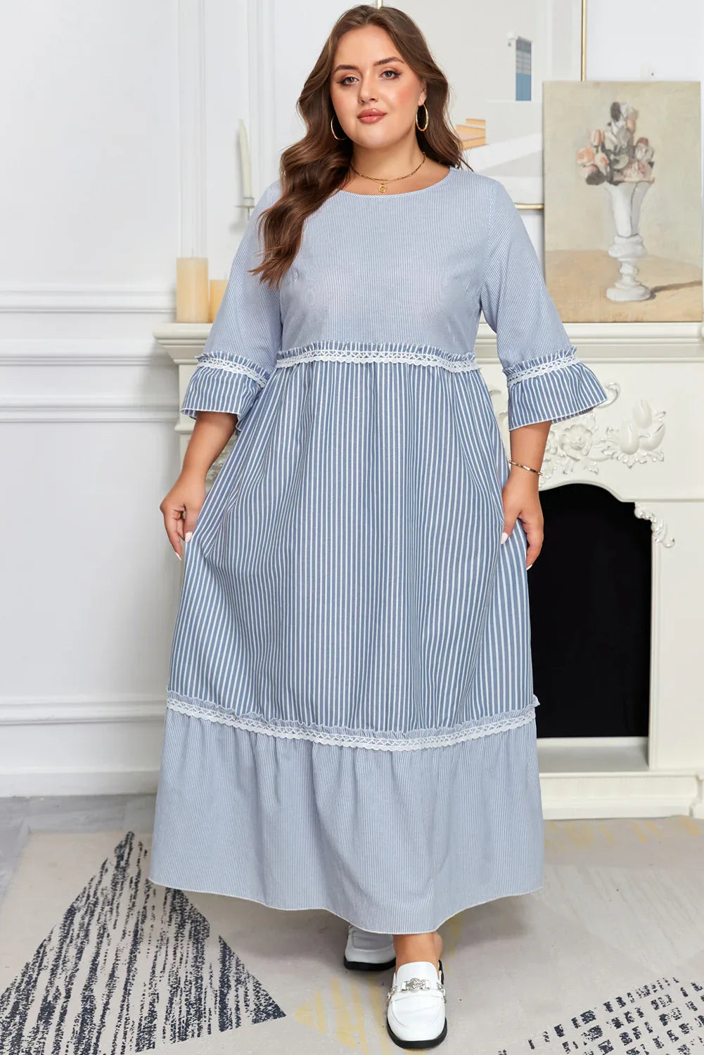 Sky Blue Stripe Crisscross Lace Detail Mixed Striped Patchwork Plus Size Shift Long Dress - MarkoFit