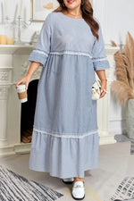 Sky Blue Stripe Crisscross Lace Detail Mixed Striped Patchwork Plus Size Shift Long Dress - MarkoFit