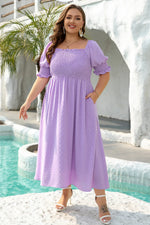 Wisteria Swiss Dot Smocked Frilled Neckline Short Sleeve Plus Size Dress - MarkoFit