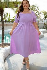 Wisteria Swiss Dot Smocked Frilled Neckline Short Sleeve Plus Size Dress - MarkoFit