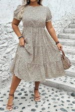 Beige Plus Size Leopard Print Frill Trim Short Sleeve Flared Dress - MarkoFit