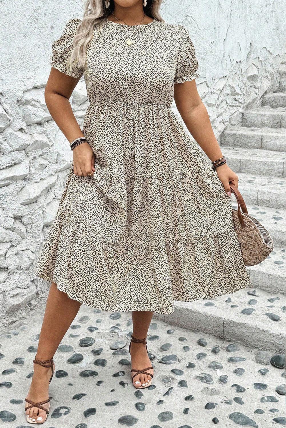 Beige Plus Size Leopard Print Frill Trim Short Sleeve Flared Dress - MarkoFit