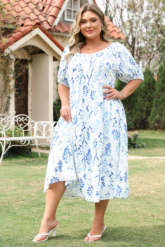 Sky Blue Floral Print Sweetheart Neck Plus Size Midi Dress - MarkoFit