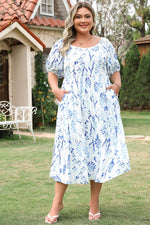 Sky Blue Floral Print Sweetheart Neck Plus Size Midi Dress - MarkoFit