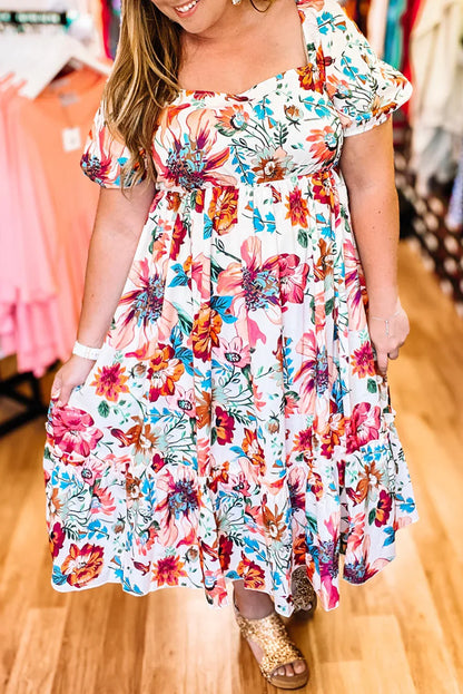 White Floral Square Neck Puff Sleeve Flowy Plus Size Midi Dress - MarkoFit