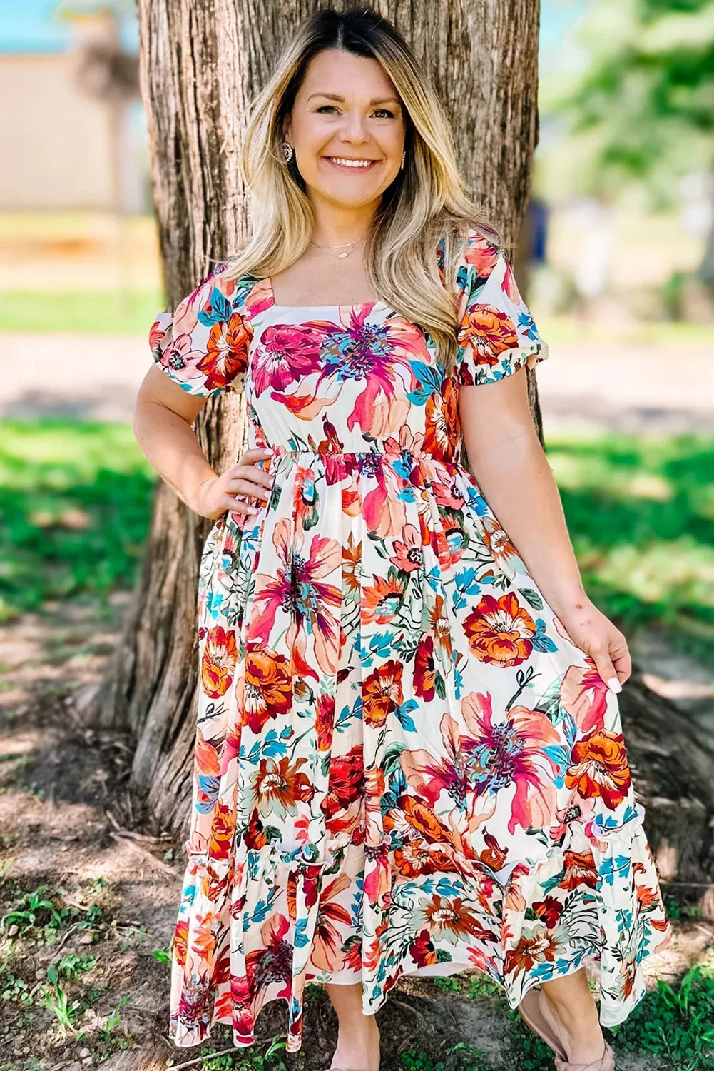 White Floral Square Neck Puff Sleeve Flowy Plus Size Midi Dress - MarkoFit