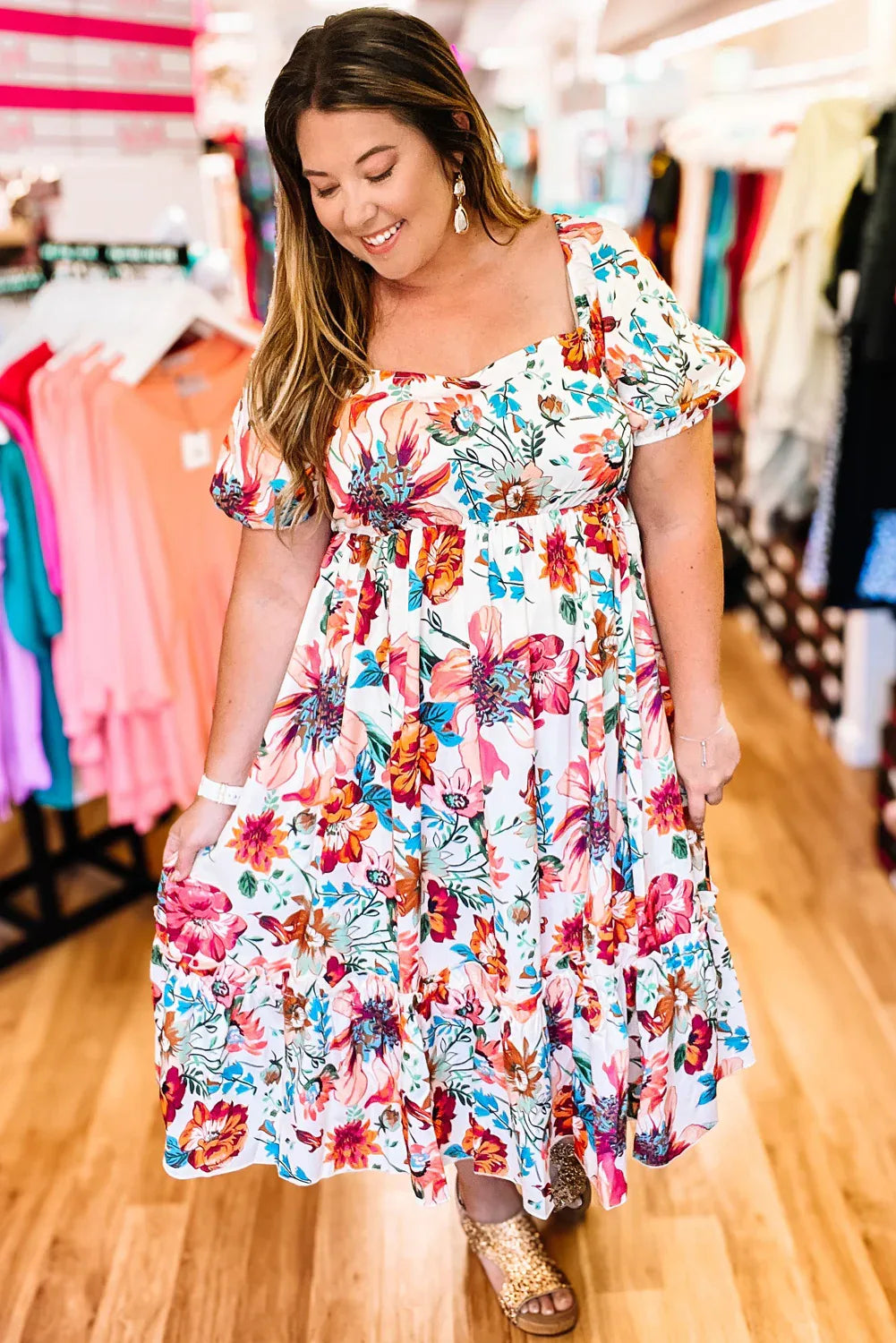 White Floral Square Neck Puff Sleeve Flowy Plus Size Midi Dress - MarkoFit