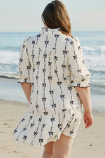 Apricot Bow Printed Puff Sleeve Ruffled Plus Size Mini Dress - MarkoFit