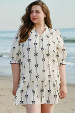 Apricot Bow Printed Puff Sleeve Ruffled Plus Size Mini Dress - MarkoFit