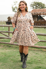 Beige Printed Surplice V Neck Cuffed Sleeve Empire Waist Plus Size Dress - MarkoFit