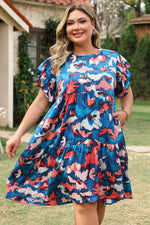 Blue Abstract Print Shirred Ruffled Short Sleeve Tiered Plus Size Mini Dress - MarkoFit