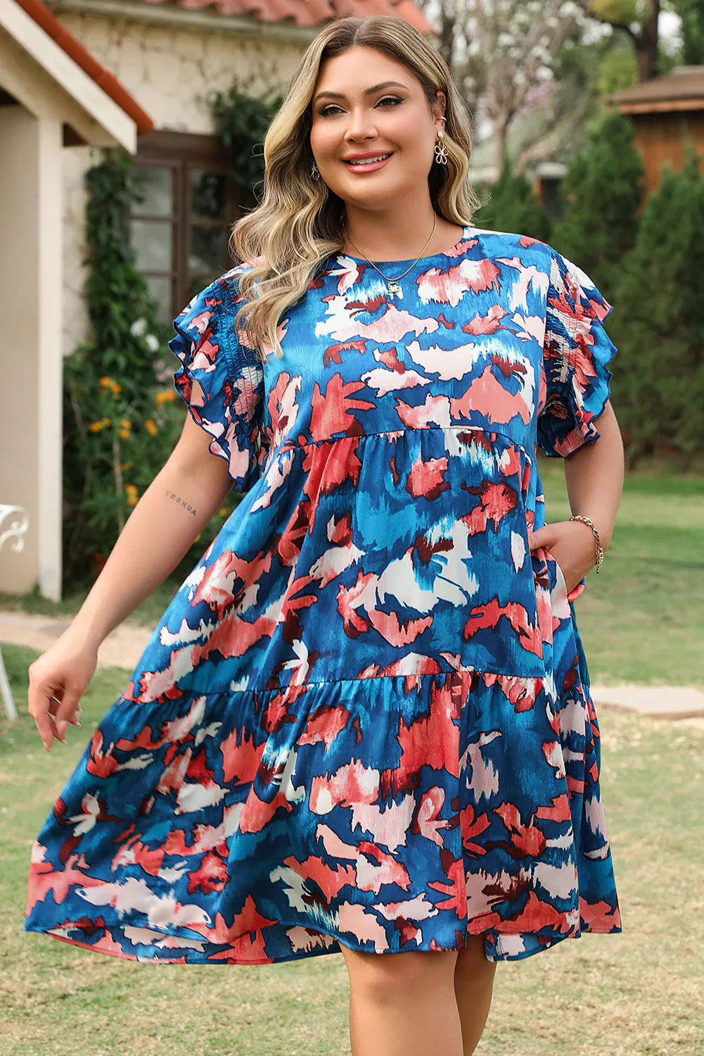 Blue Abstract Print Shirred Ruffled Short Sleeve Tiered Plus Size Mini Dress - MarkoFit