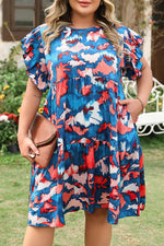 Blue Abstract Print Shirred Ruffled Short Sleeve Tiered Plus Size Mini Dress - MarkoFit
