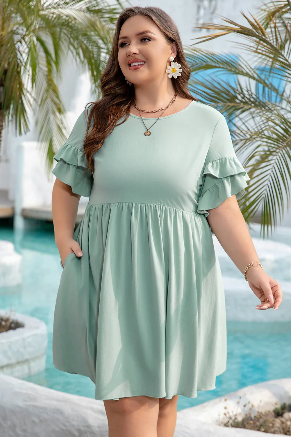 Grass Green Ruffle Trim Short Sleeve Plus Size Flared Mini Dress - MarkoFit