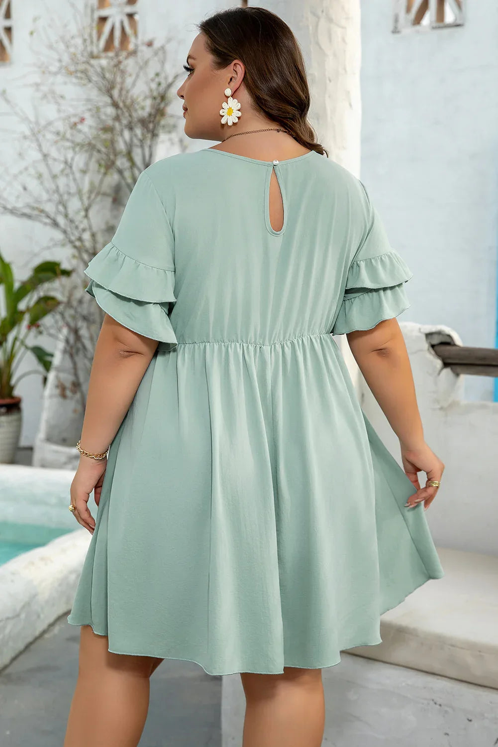 Grass Green Ruffle Trim Short Sleeve Plus Size Flared Mini Dress - MarkoFit